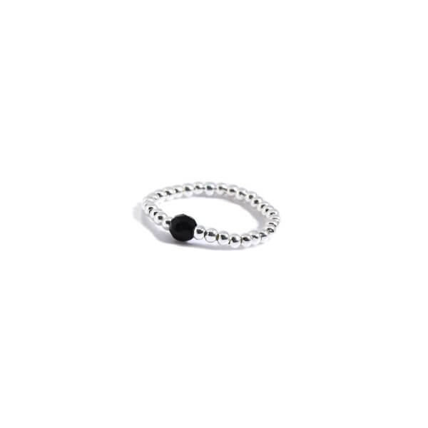 Damen Finger Ring mit geschliffenem Onyx Stein und 925 Sterling Silber Perlen
